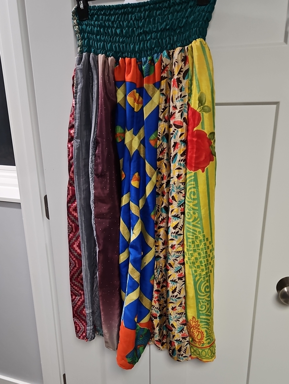 POL Bohemian Wide-Leg Pants with Teal Waist and Multicolor Panels